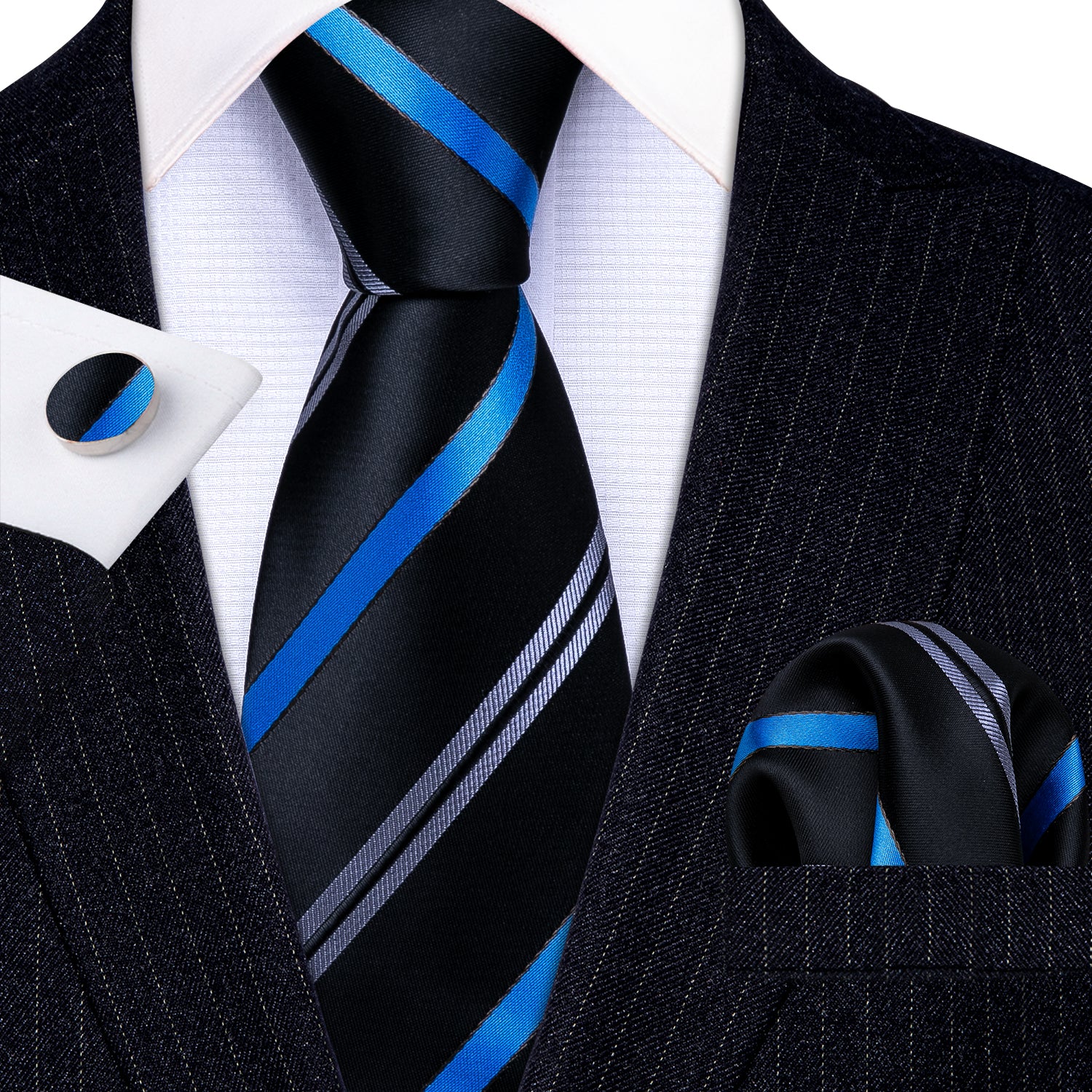 New Novelty Black Blue Striped  Silk Tie Hanky Cufflinks Set