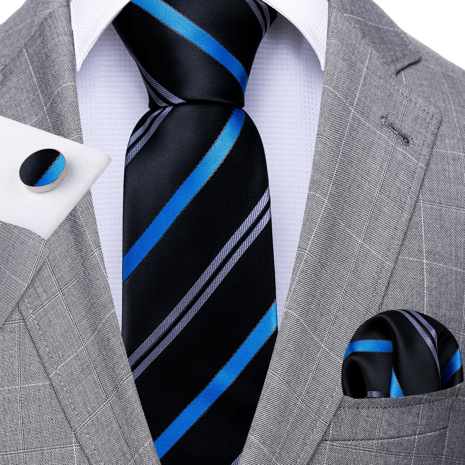 Barry Wang Black Tie Blue Striped Silk Necktie Hanky Cufflinks Set Grey Suit 
