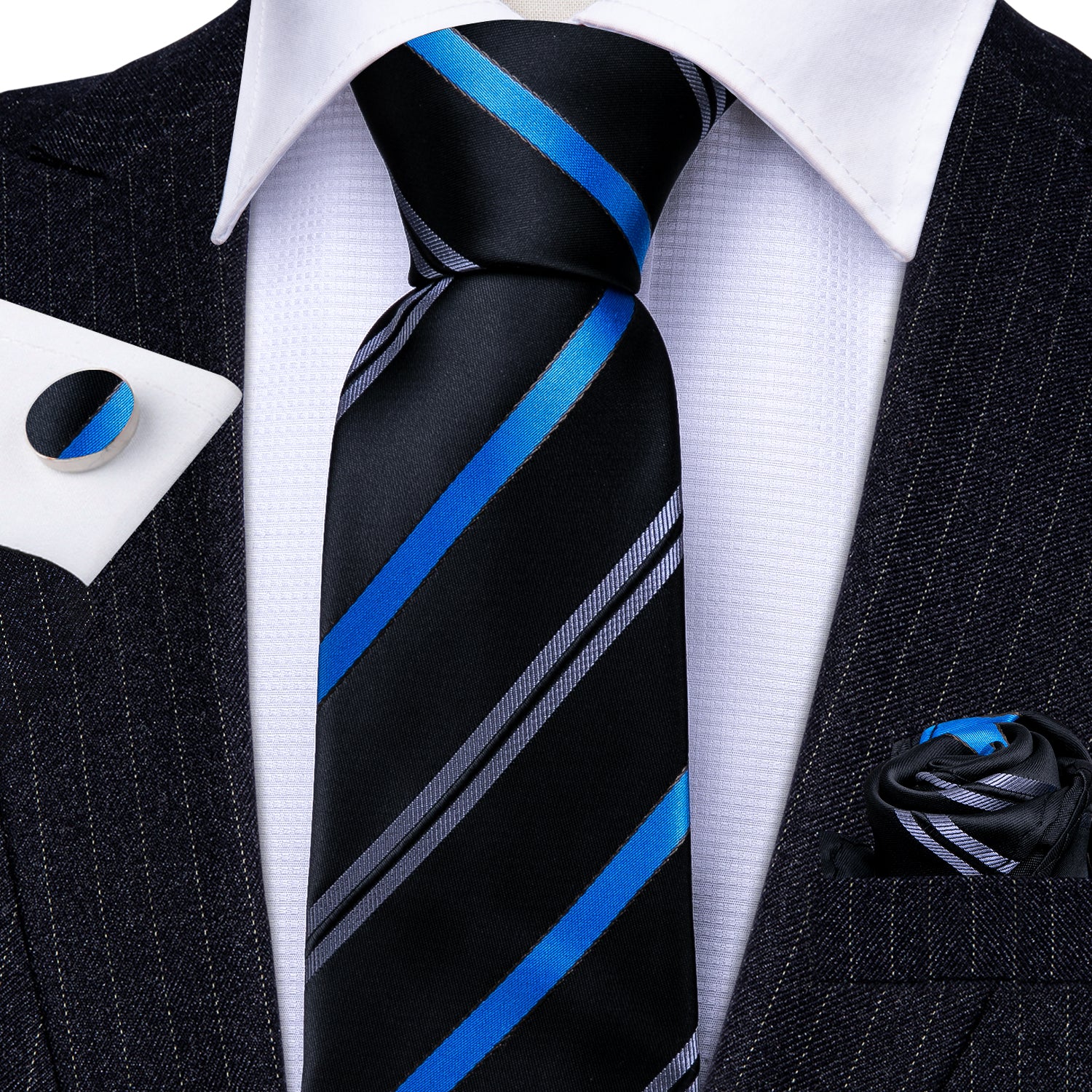 Barry Wang Black Tie Blue Striped Silk Necktie Hanky Cufflinks Set