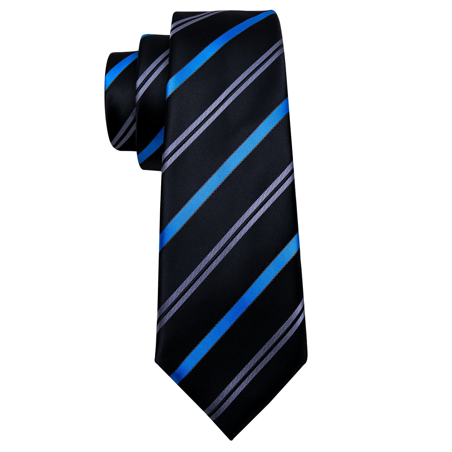 Barry Wang Black Tie Blue Striped Silk Necktie Hanky Cufflinks Set
