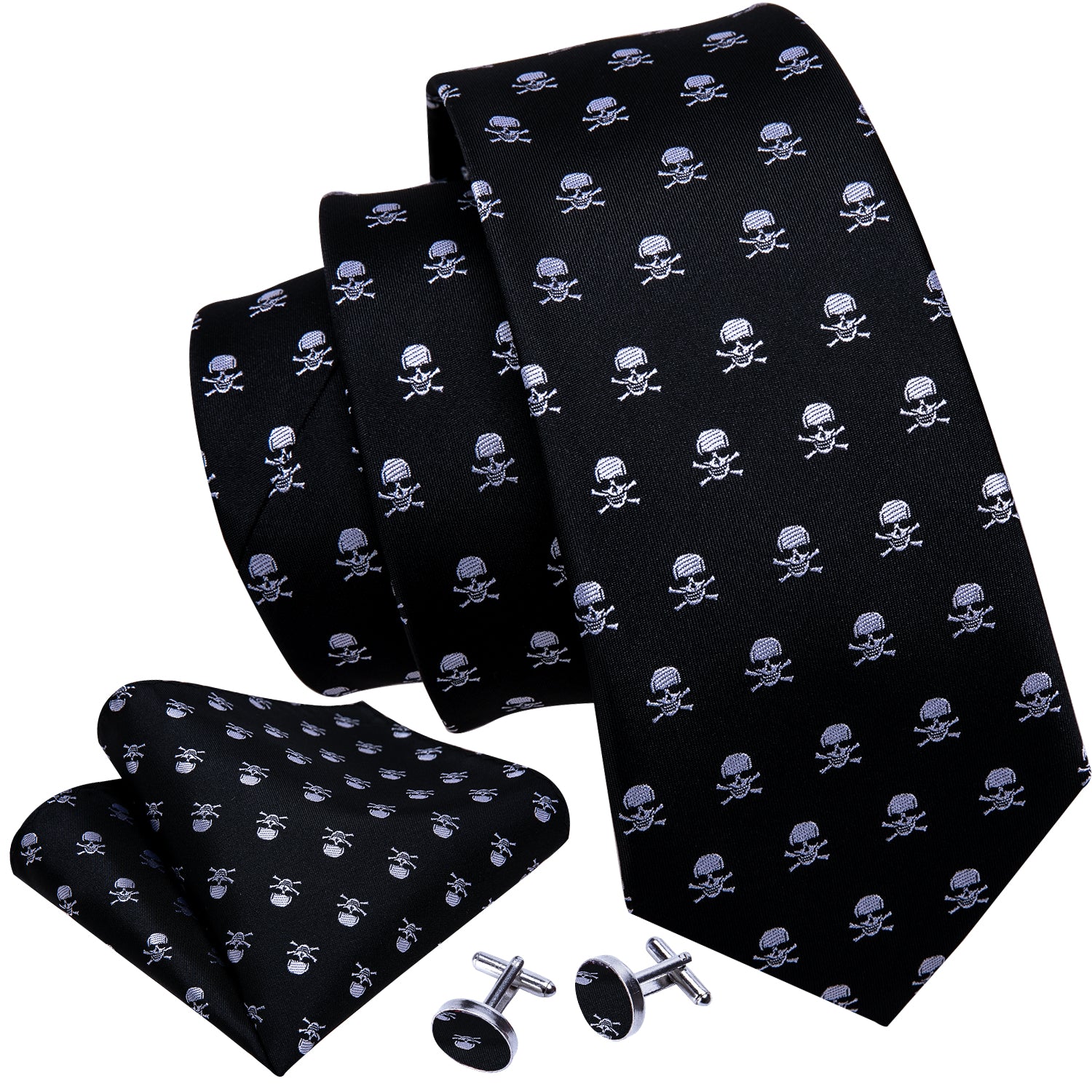 New Black Skull Silk Tie Hanky Cufflinks Set