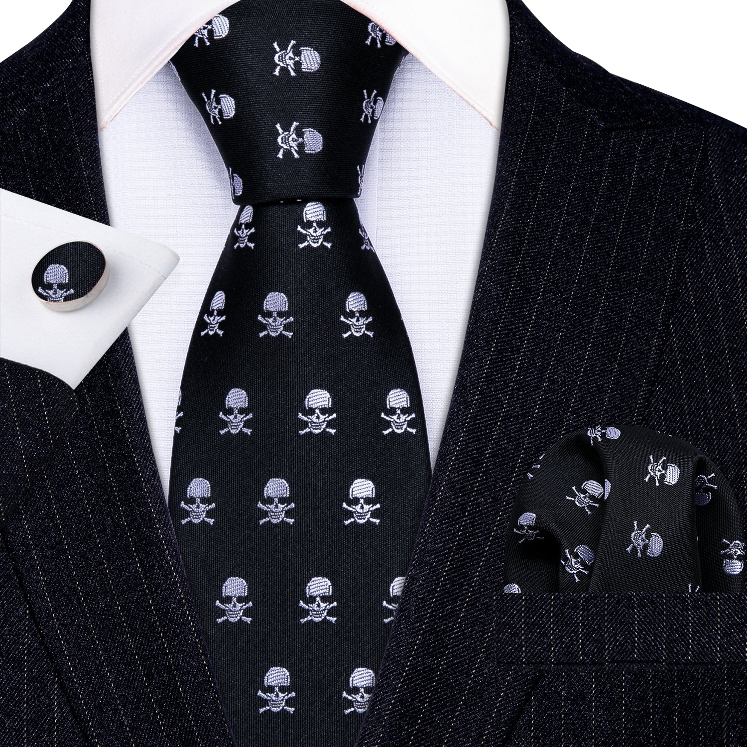 Barry Wang Men's Black Tie Skull Silk Necktie Hanky Cufflinks Set
