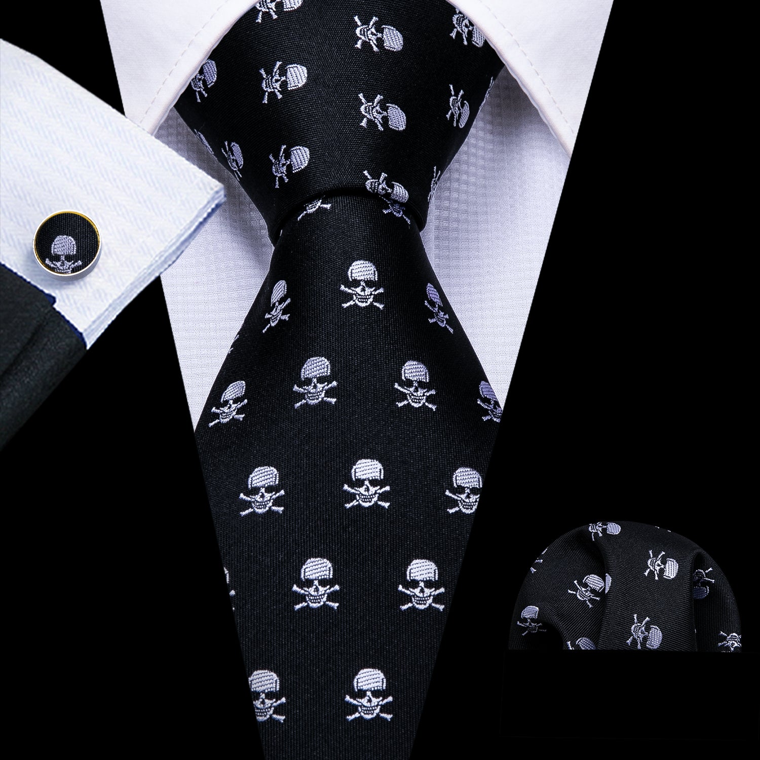New Black Skull Silk Tie Hanky Cufflinks Set
