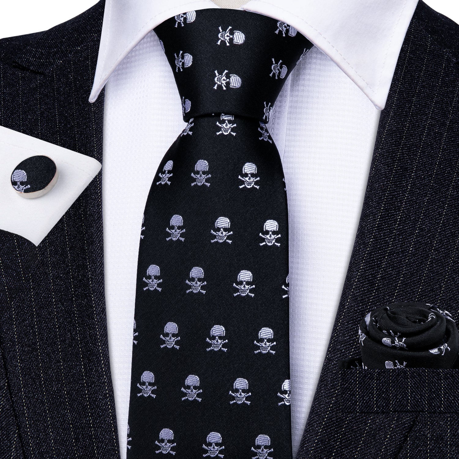 Barry.wang Men's Black Tie Skull Silk Tie Hanky Cufflinks Set New Arrival