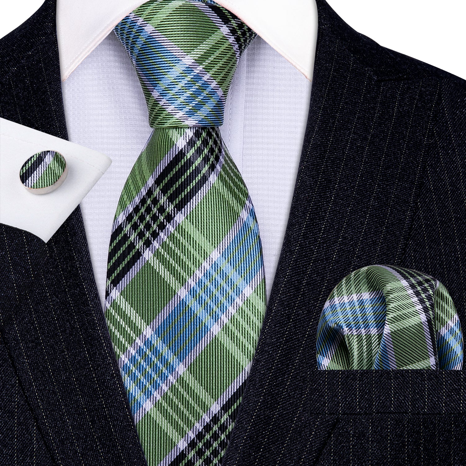 Novelty Green Blue Checkered Striped Silk Tie Hanky Cufflinks Set