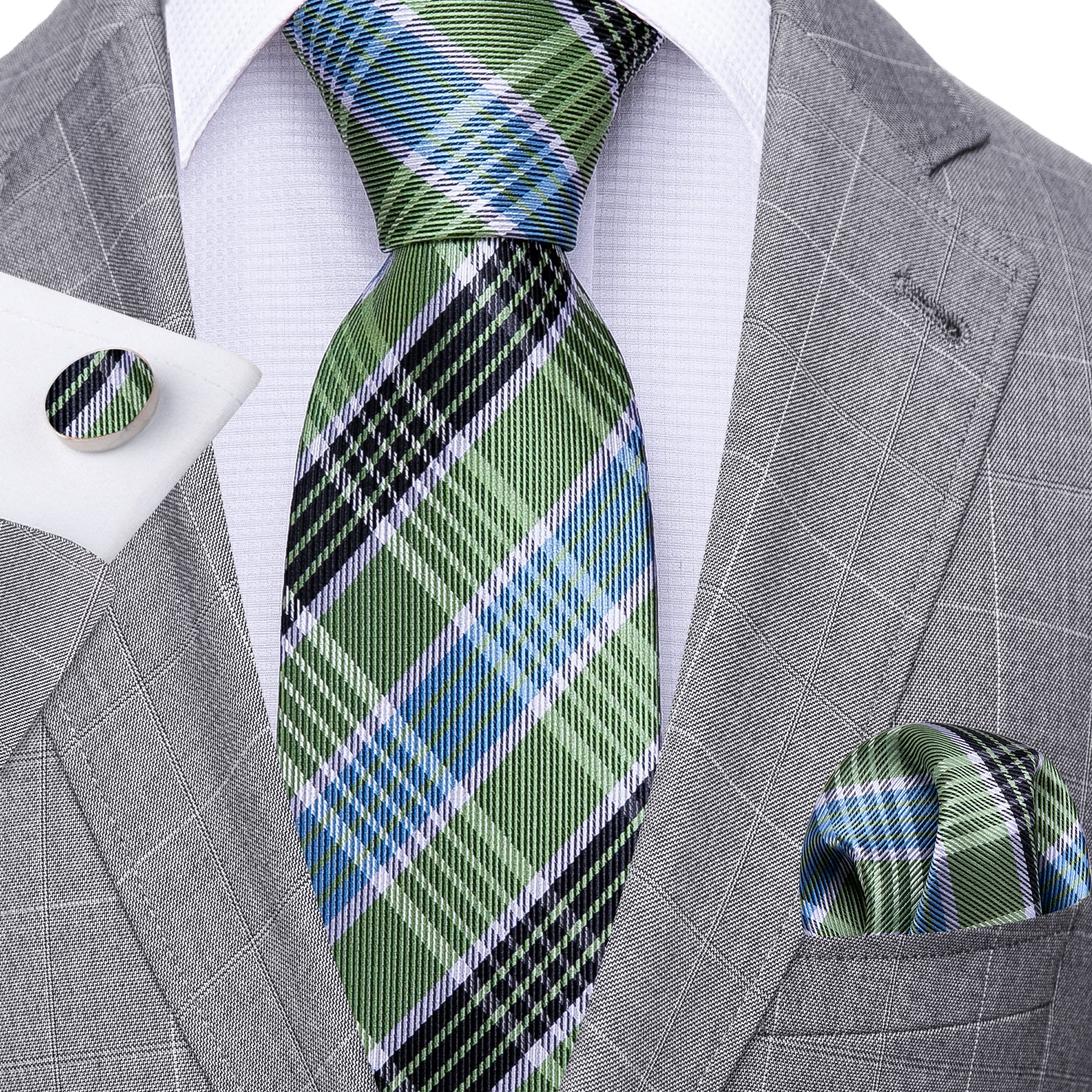 Sky blue light green necktie and grey suit 