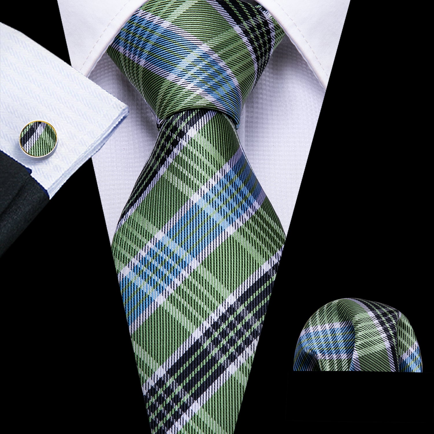 Novelty Green Blue Checkered Striped Silk Tie Hanky Cufflinks Set