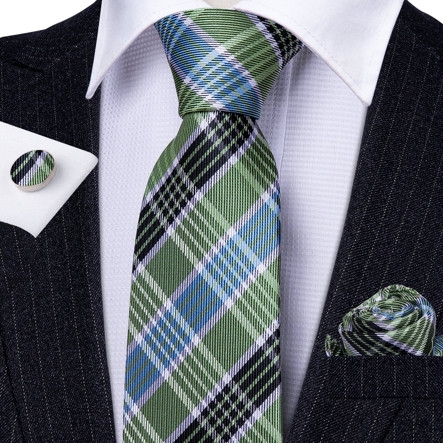 Black suit and blue green plaid necktie 