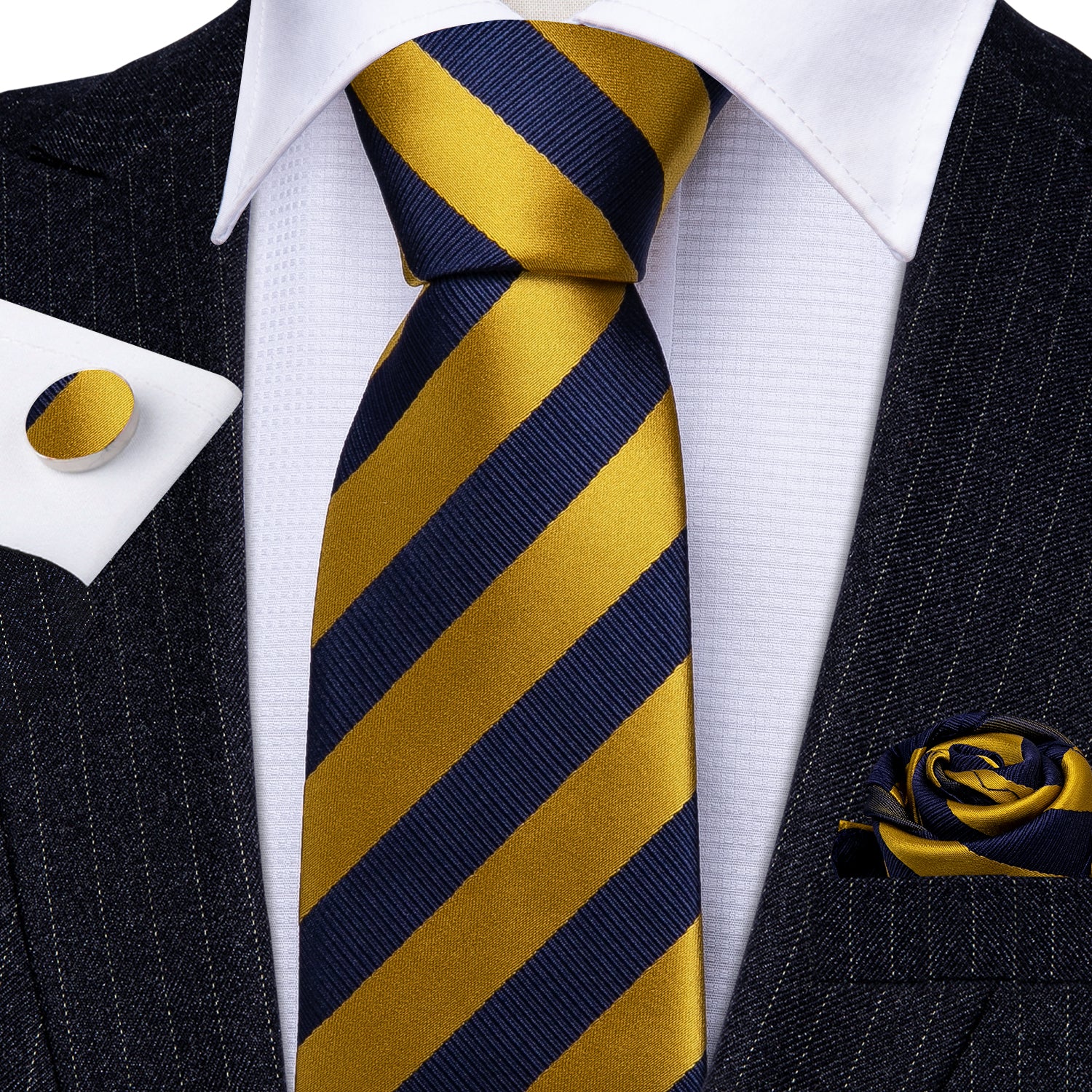 New Blue Gold Striped Silk Tie Hanky Cufflinks Set