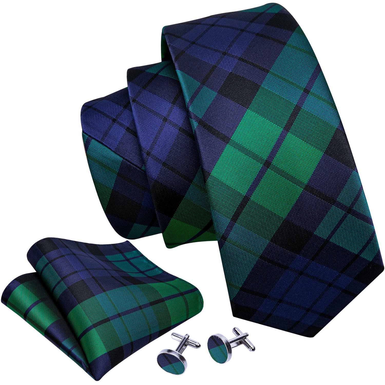 Barry Wang Men's Tie Blue Green Plaid Striped Silk Tie Hanky Cufflinks Set