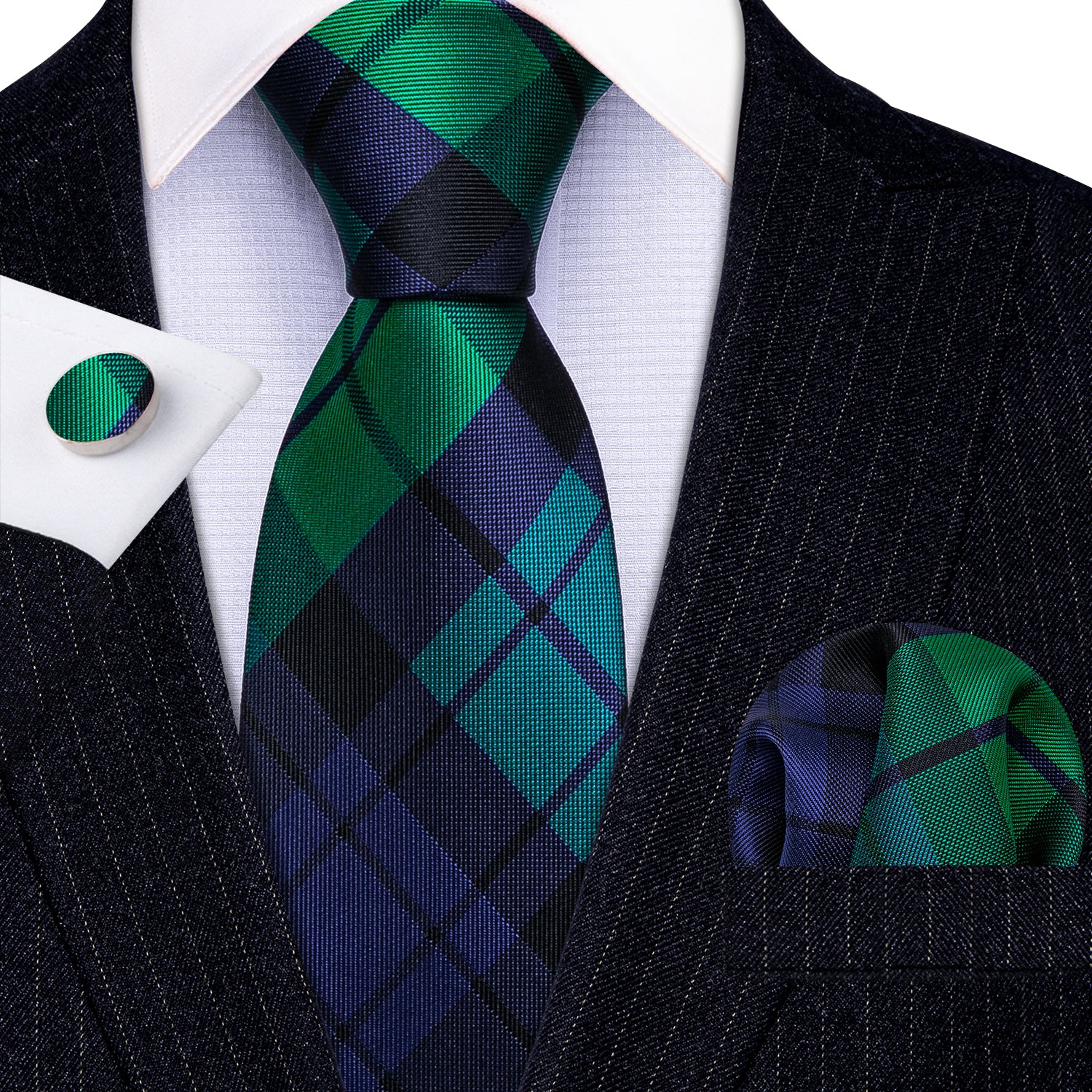 Barry.wang Men's Tie Blue Green Plaid Striped Silk Tie Hanky Cufflinks Set New  Arrival