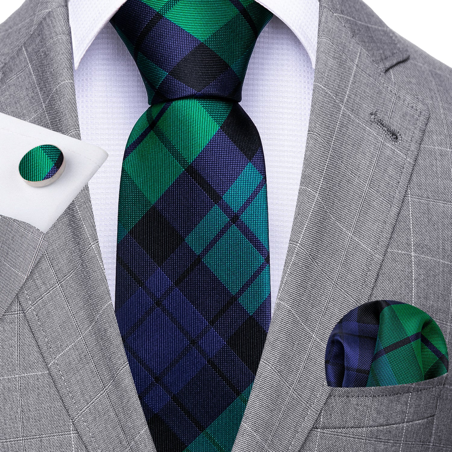 Barry Wang Men's Tie Blue Green Plaid Striped Silk Tie Hanky Cufflinks Set