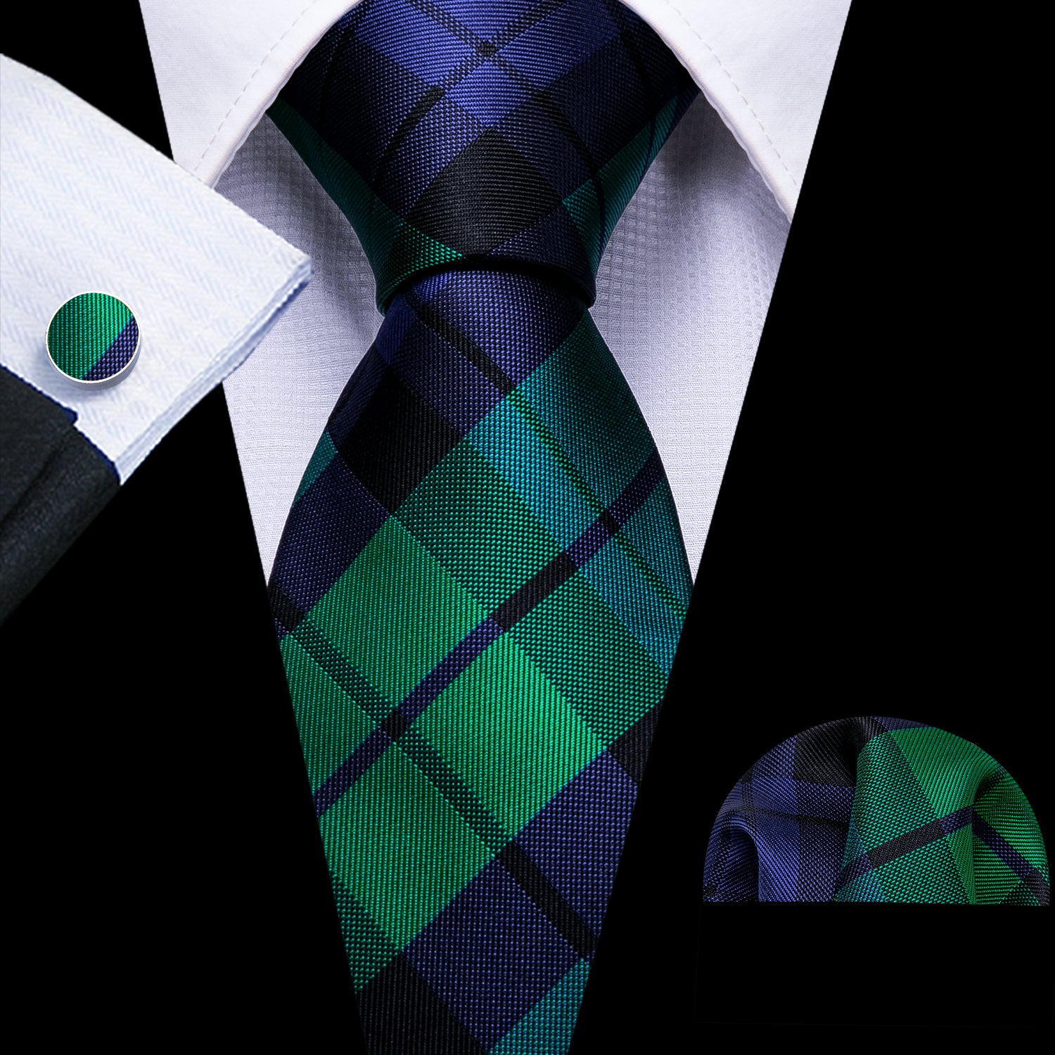 New Blue Green Plaid Striped Silk Tie Hanky Cufflinks Set