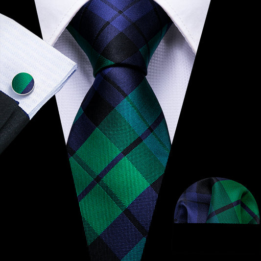 Barry. Wang Men's Tie Blue Green Plaid Striped Silk Tie Hanky Cufflinks Set