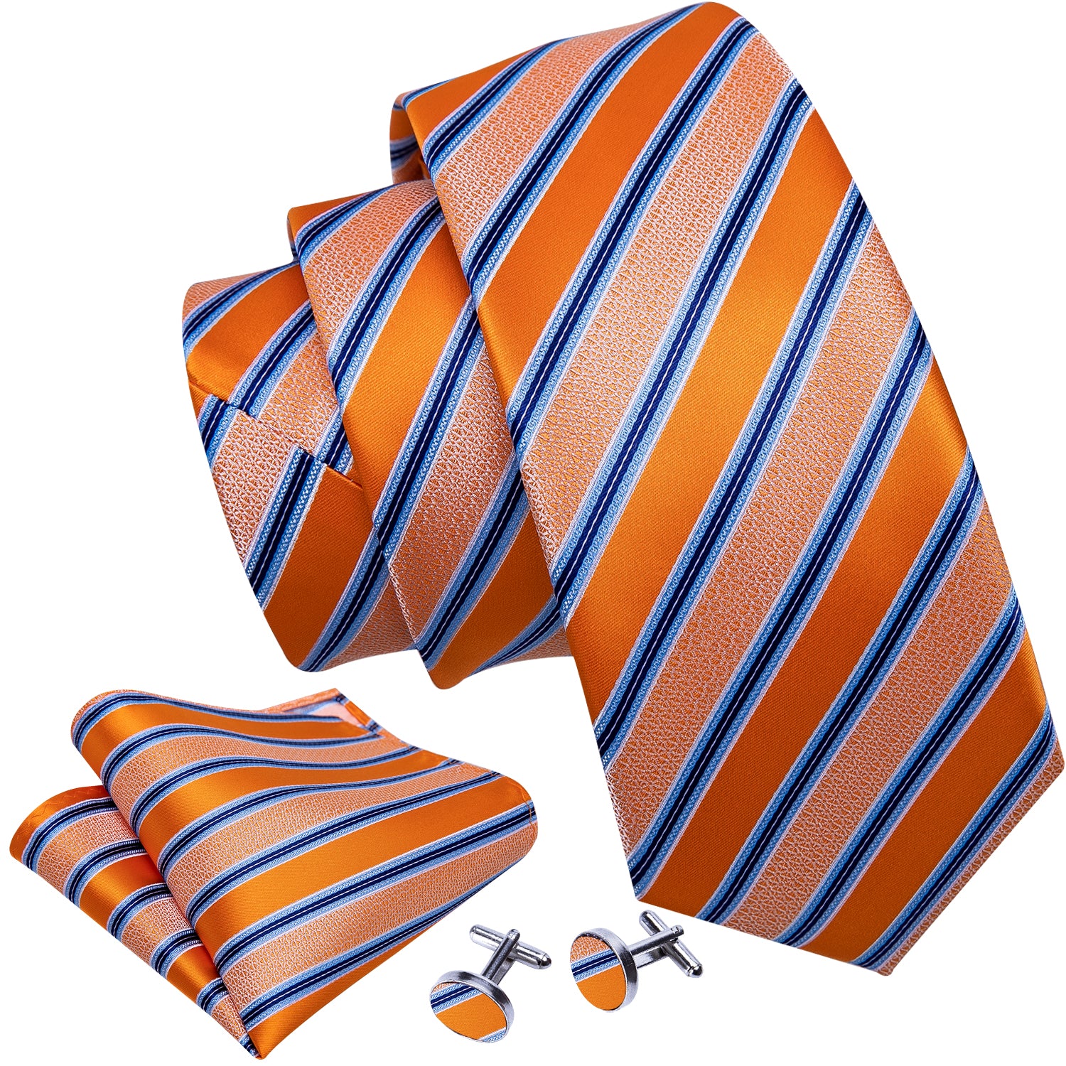 New Novelty Orange Blue Striped Silk Tie Hanky Cufflinks Set