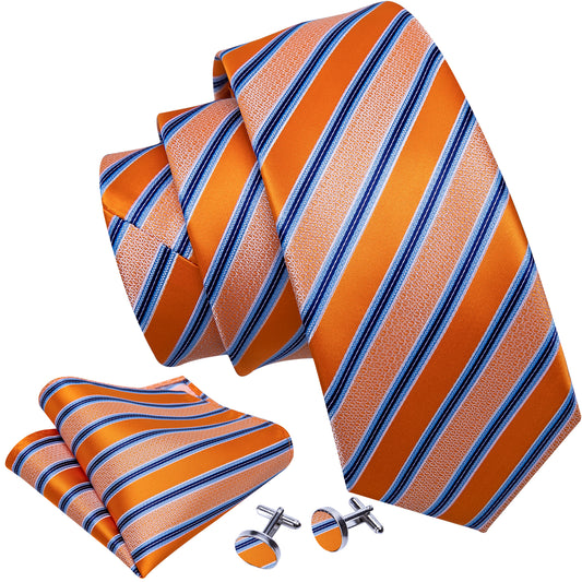 Barry. Wang Mens Orange Necktie Blue Striped Silk Tie Hanky Cufflinks Set