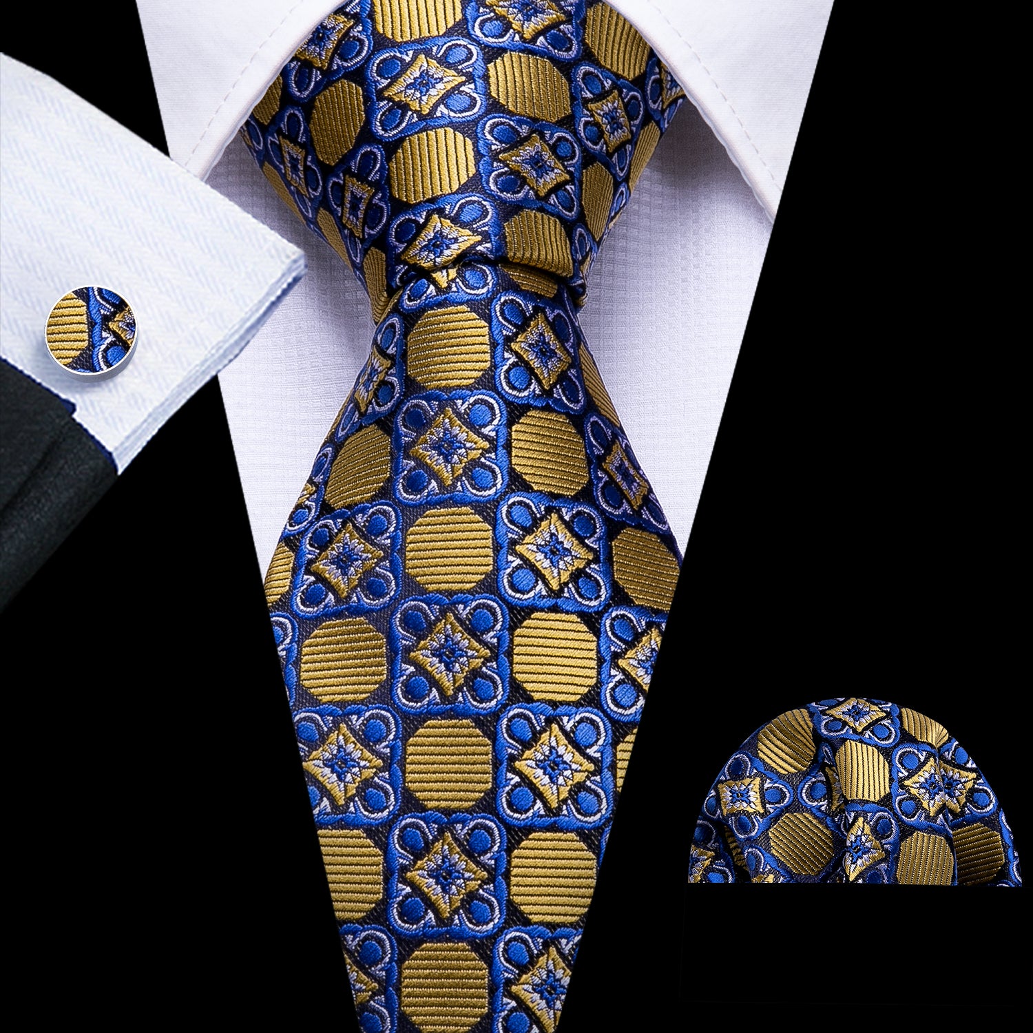 New Brown Blue Floral Geometric Silk Tie Hanky Cufflinks Set
