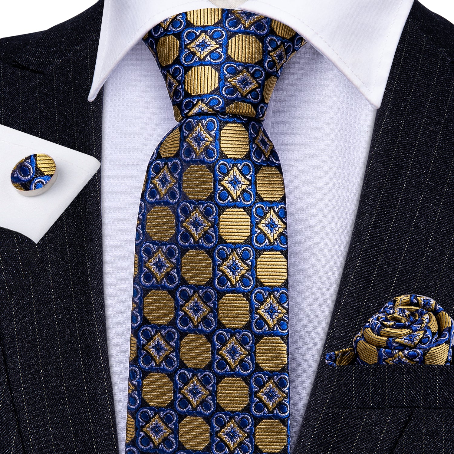 New Brown Blue Floral Geometric Silk Tie Hanky Cufflinks Set