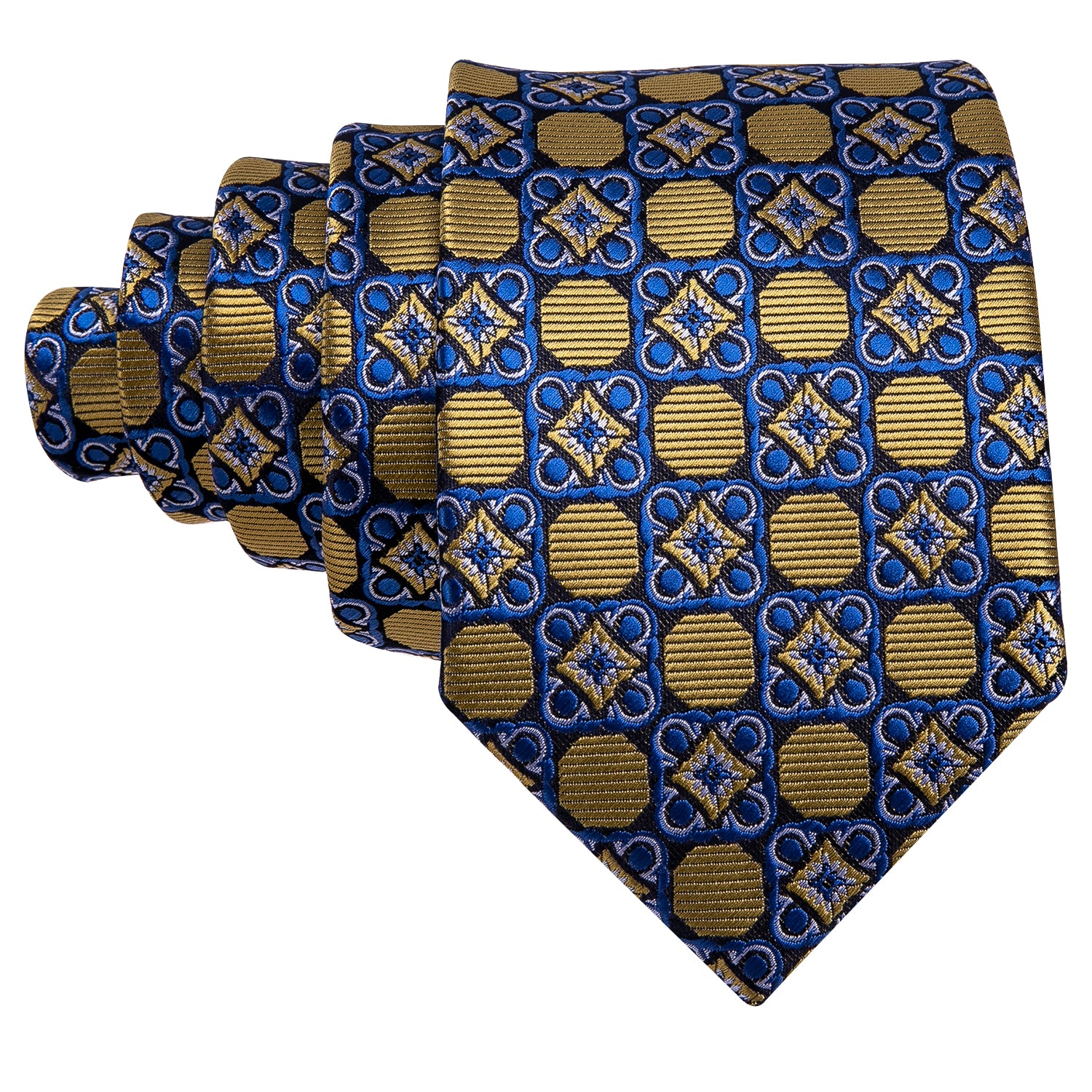 Brown Blue Floral Geometric Silk Tie Hanky Cufflinks Set