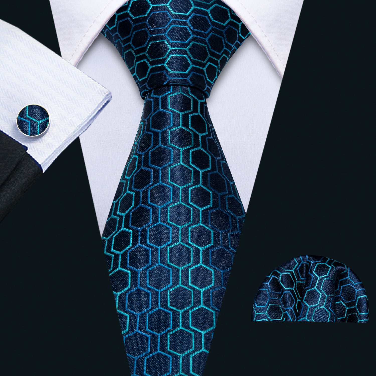 Deep Blue Geometric Plaid Tie Pocket Square Cufflinks Set