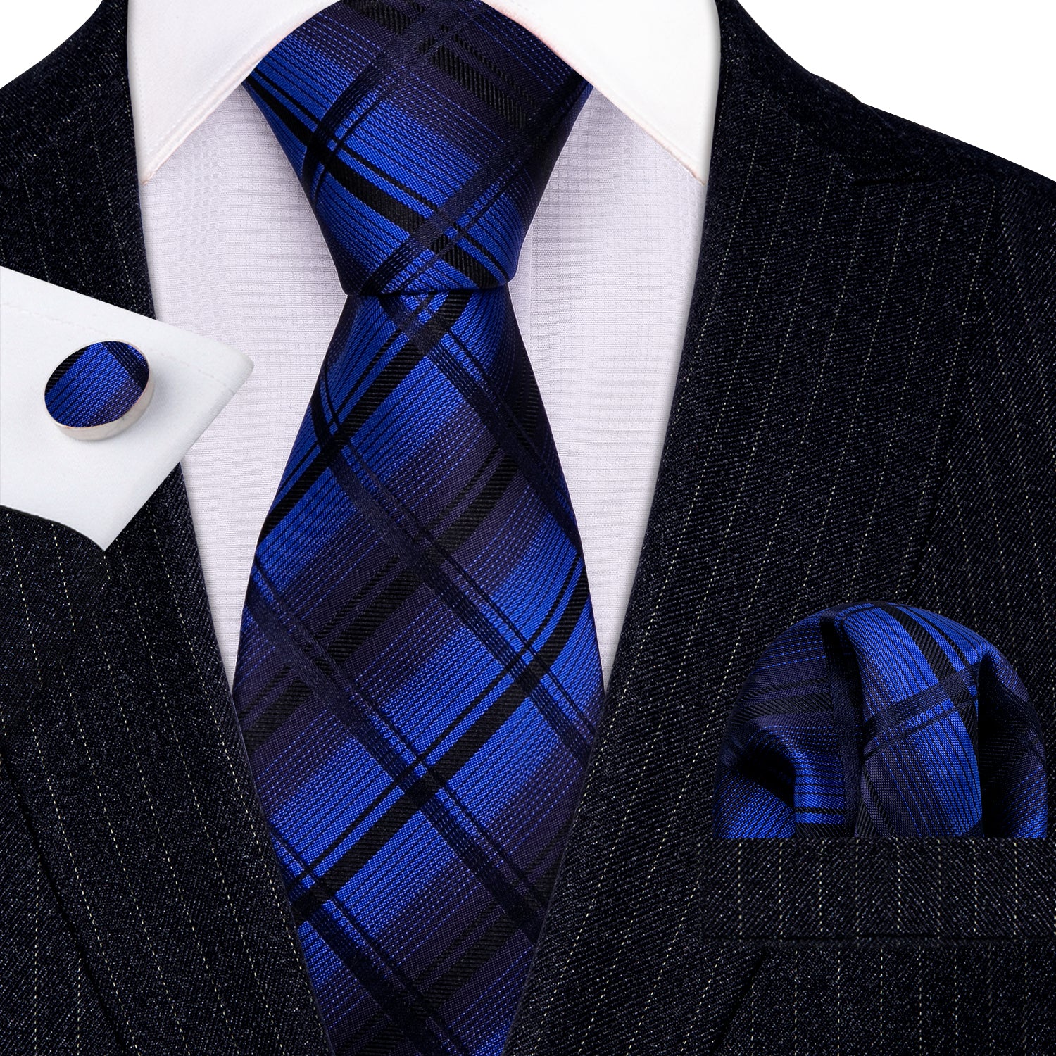 Men black suit with whit lines and Blue Black Pliad business tie for men 