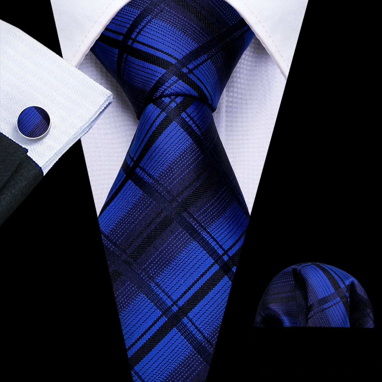 Novelty Blue Black Plaid Silk Tie Hanky Cufflinks Set