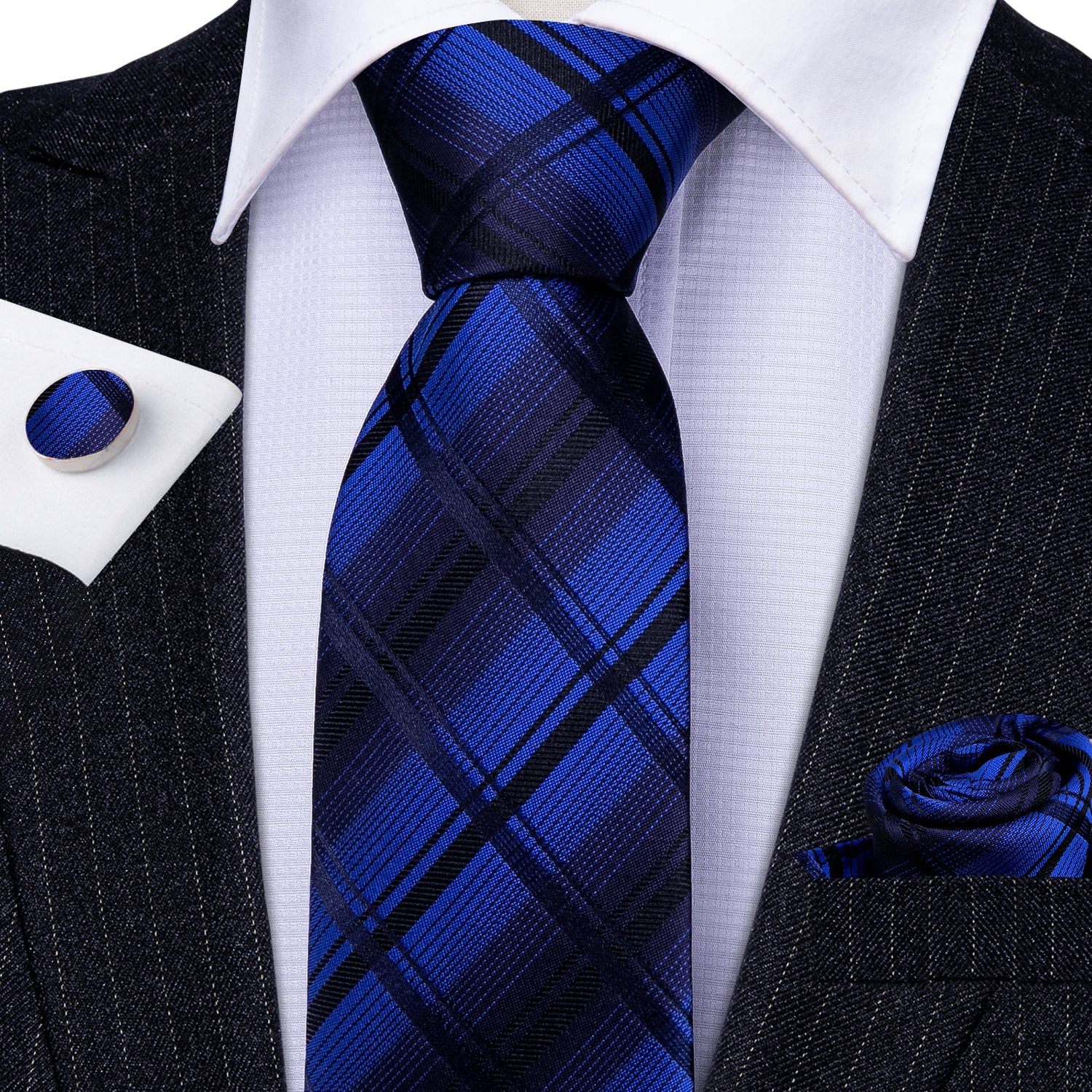Novelty Blue Black Plaid Silk Tie Hanky Cufflinks Set