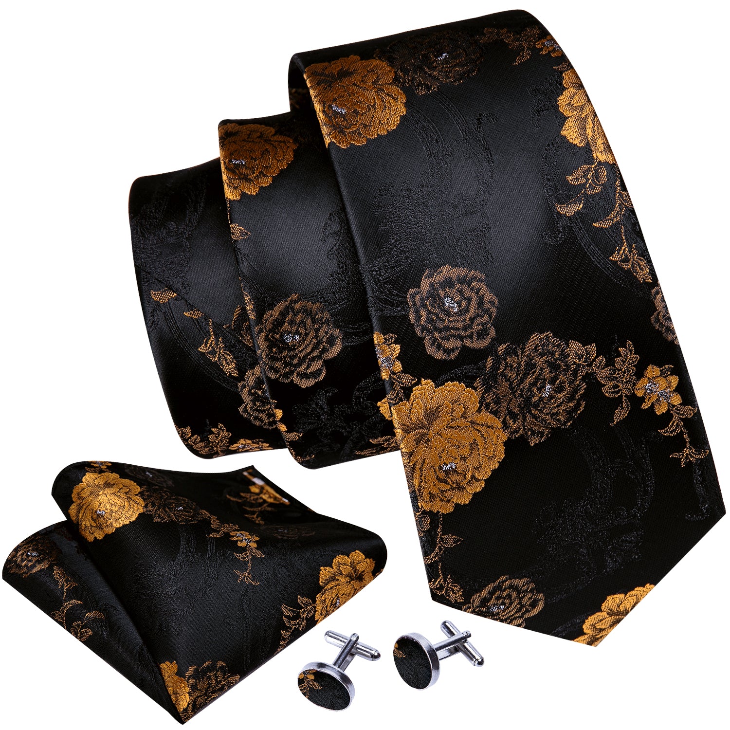  Black Brown Jacquard Floral Silk Tie Hanky Cufflinks Set