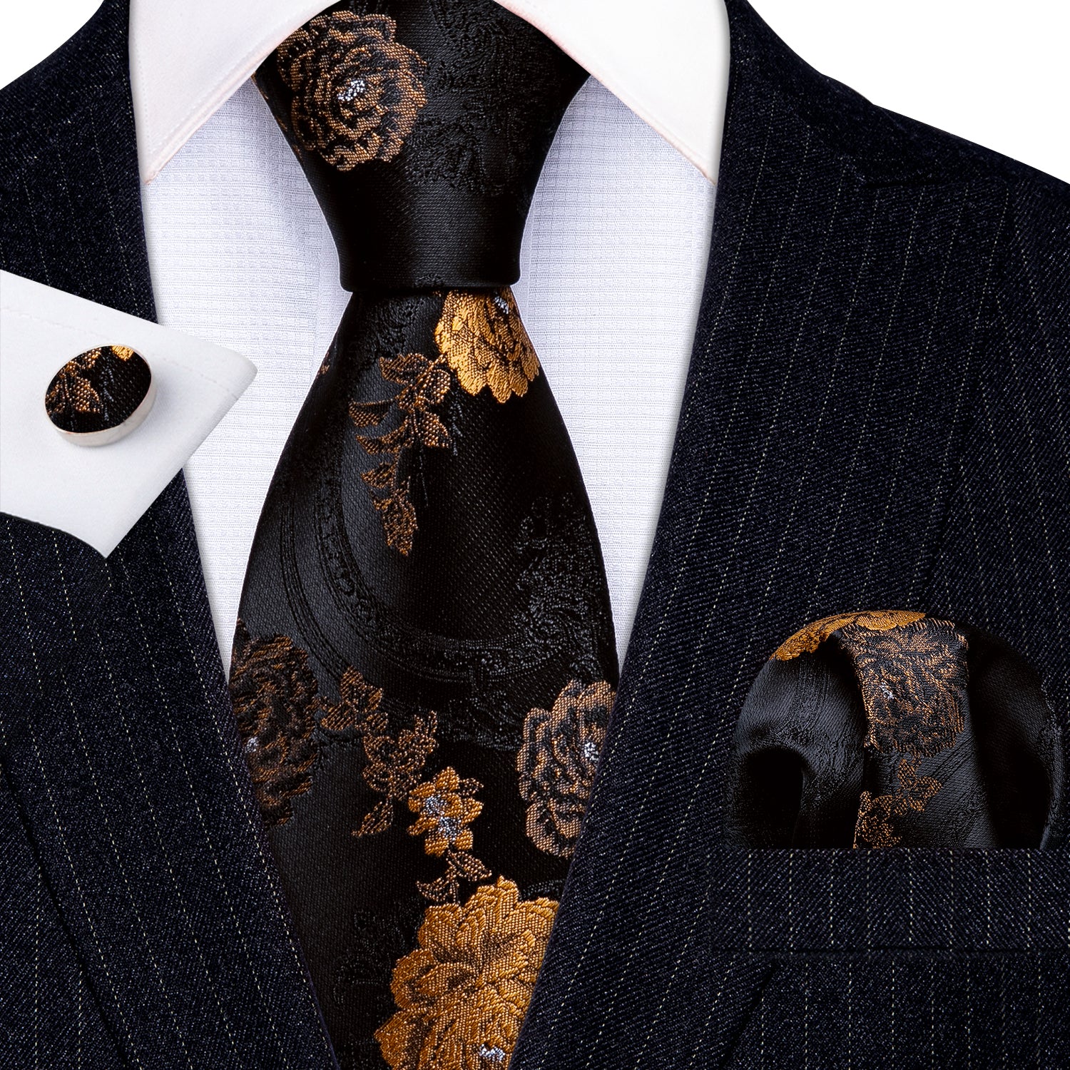  Black Brown Jacquard Floral Silk Tie Hanky Cufflinks Set