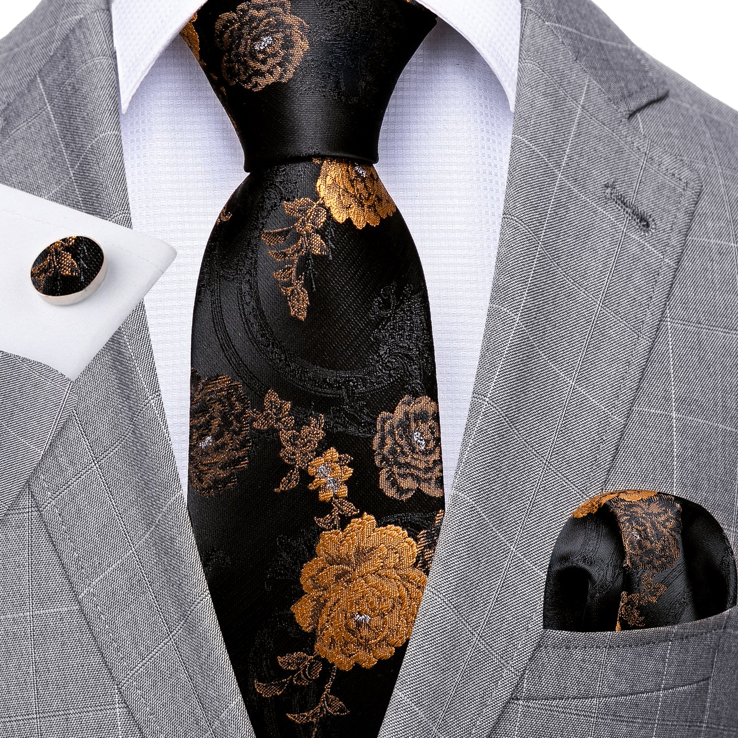  Black Brown Jacquard Floral Silk Tie Hanky Cufflinks Set
