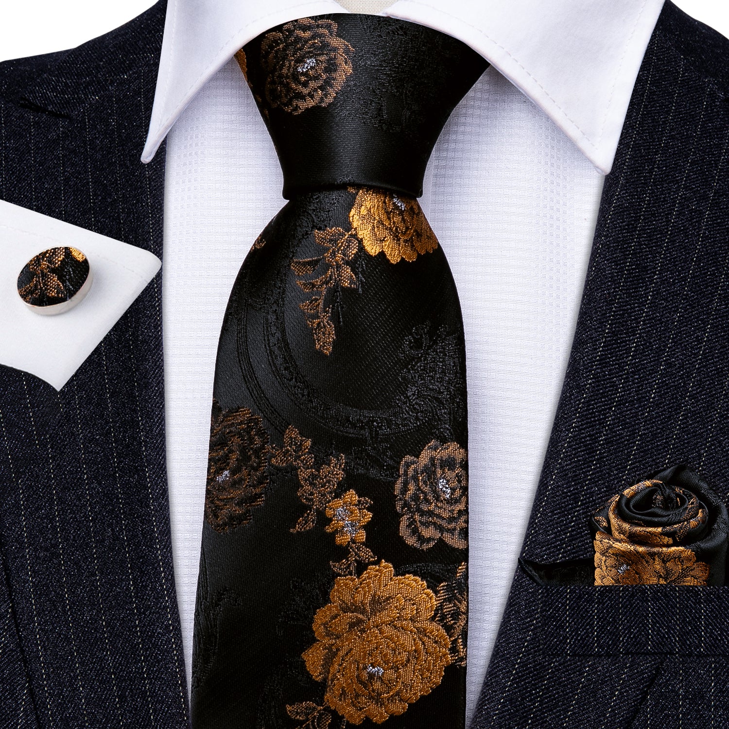 Black Brown Floral Silk Tie Hanky Cufflinks Set