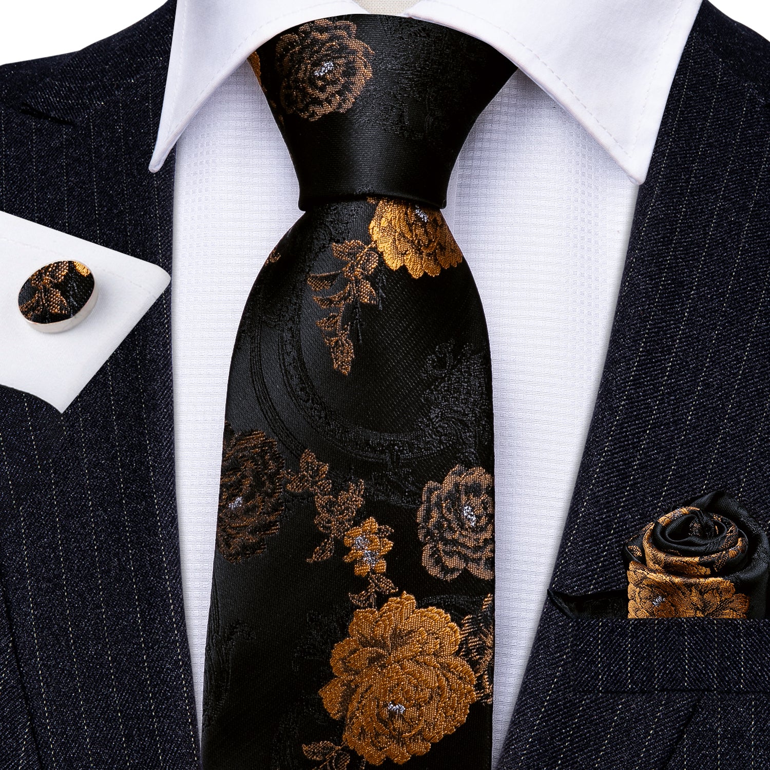  Black Brown Jacquard Floral Silk Tie Hanky Cufflinks Set
