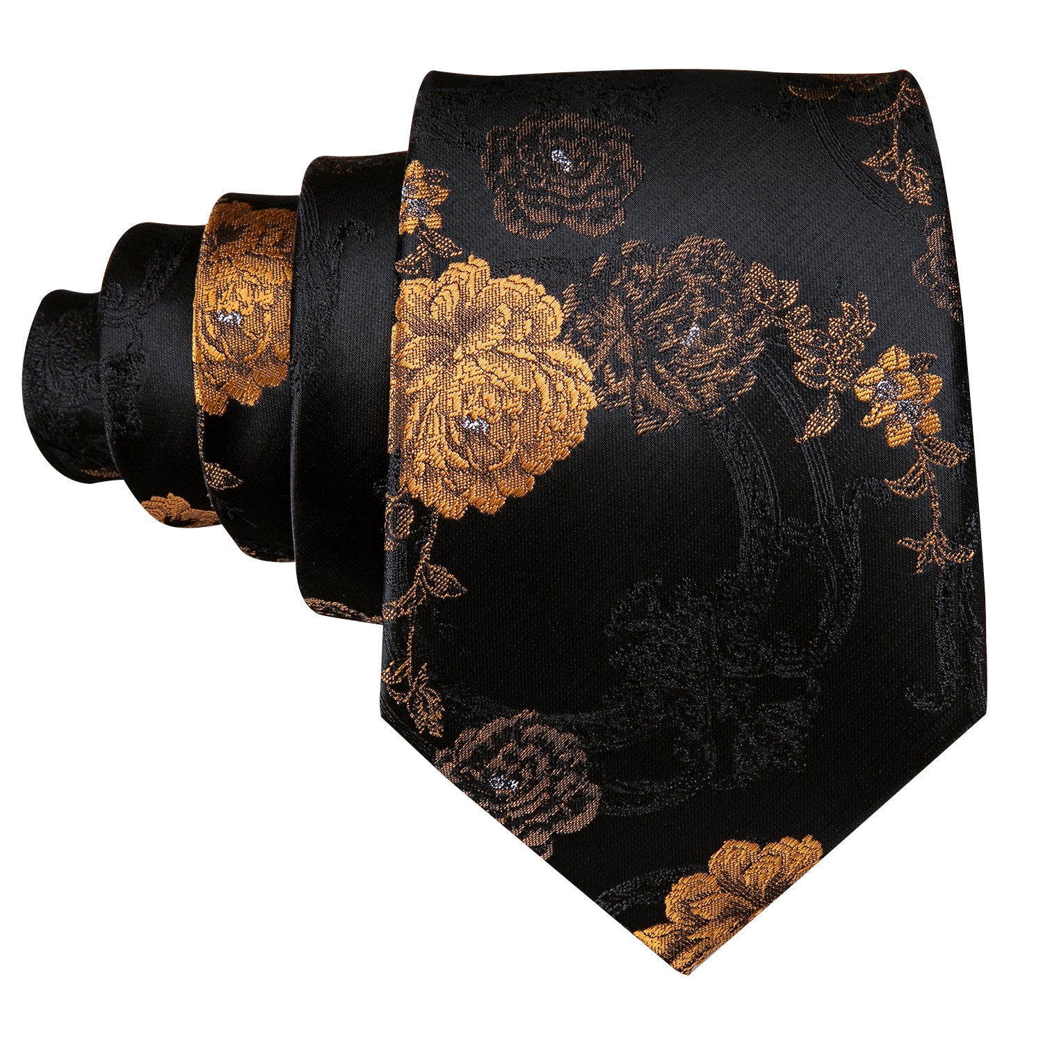  Black Brown Jacquard Floral Silk Tie Hanky Cufflinks Set