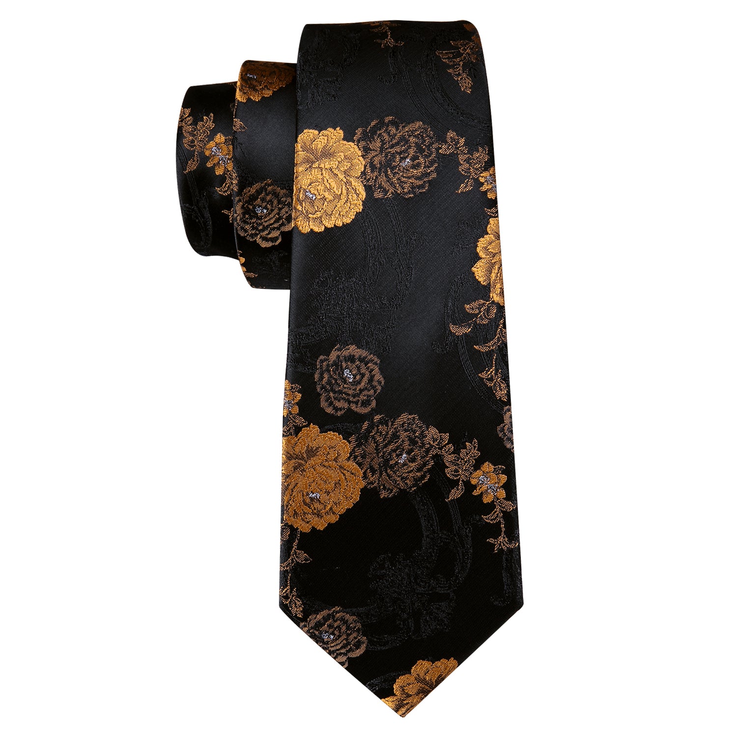 New Black Brown Floral Silk Tie Hanky Cufflinks Set