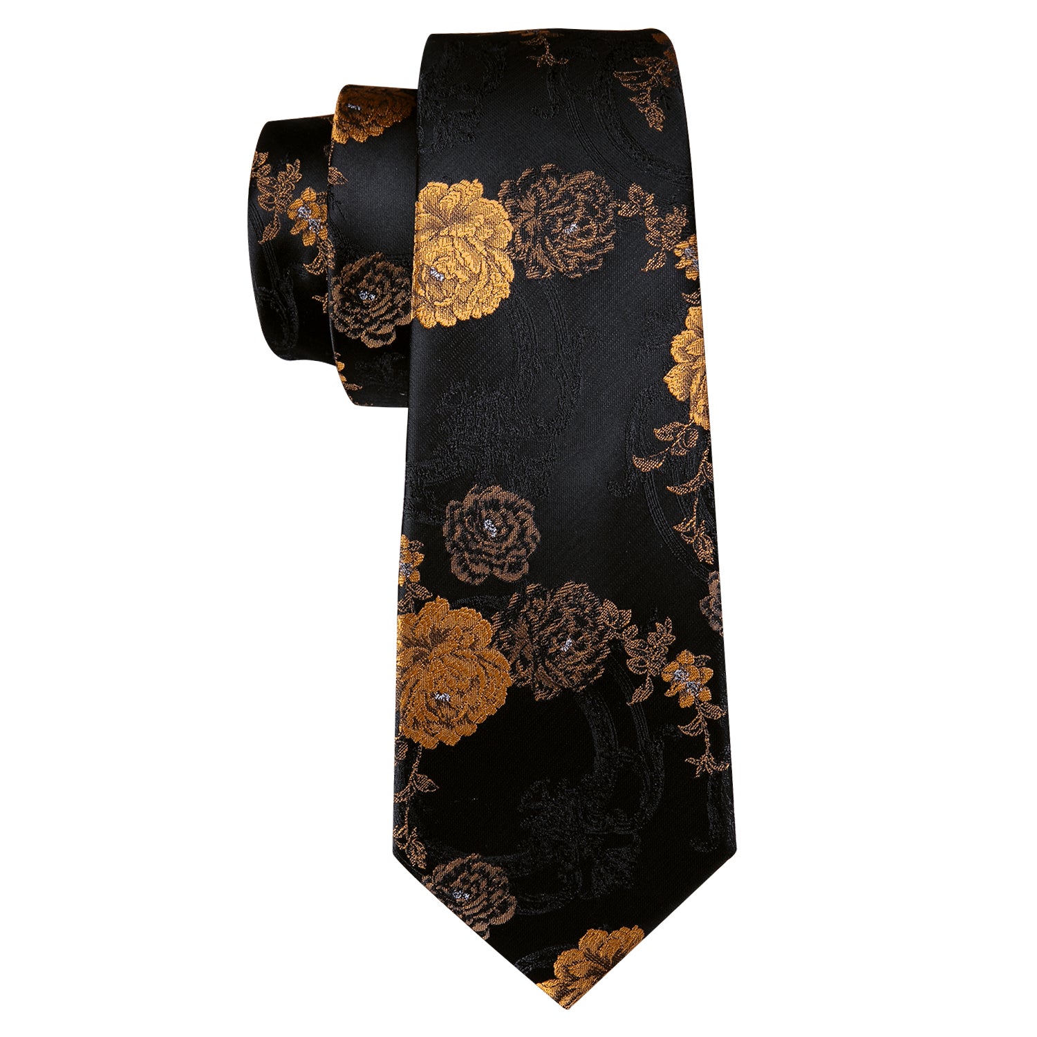  Black Brown Jacquard Floral Silk Tie Hanky Cufflinks Set