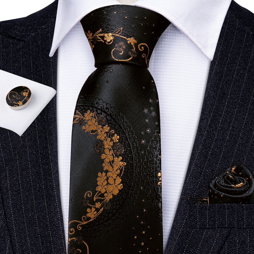 Mens Wedding Slim Tie And Hanky Set – Navy Blue Floral On Gold Silk (Fashion Habitat)