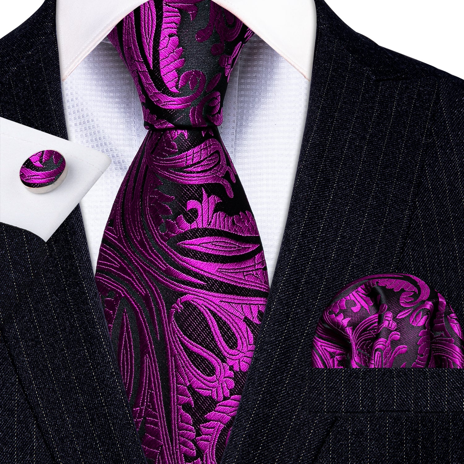 Black Purple Paisley Silk Tie Hanky Cufflinks Set