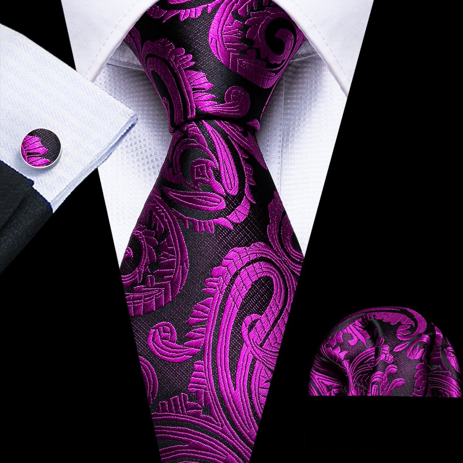 Black Purple Paisley Silk Tie Hanky Cufflinks Set