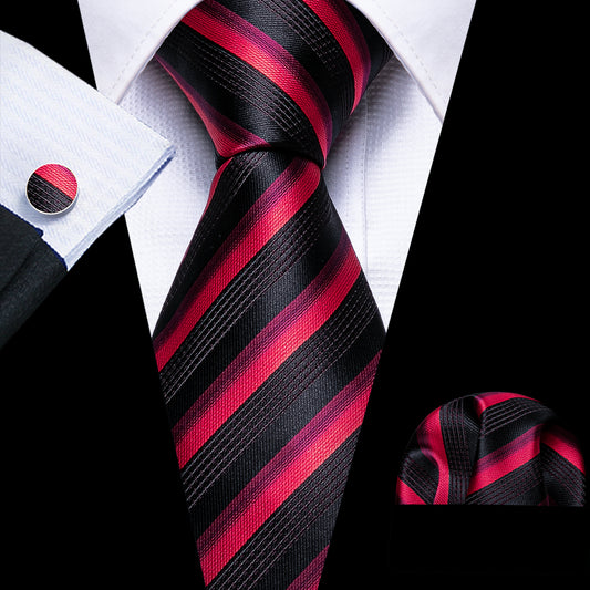 Barry. Wang Black Red Striped Silk Tie Hanky Cufflinks Set