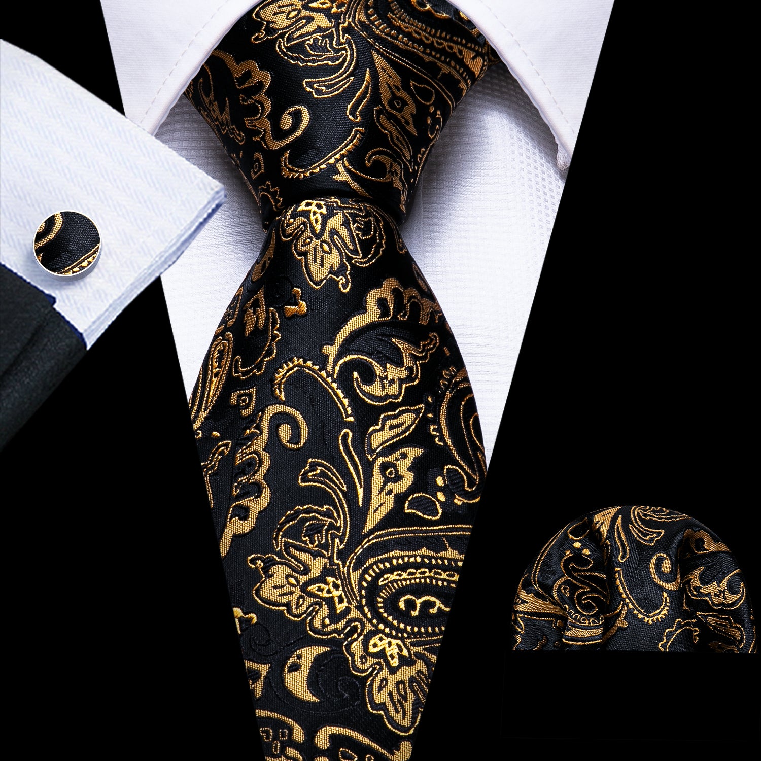New Black Golden Paisley Silk Tie Hanky Cufflinks Set