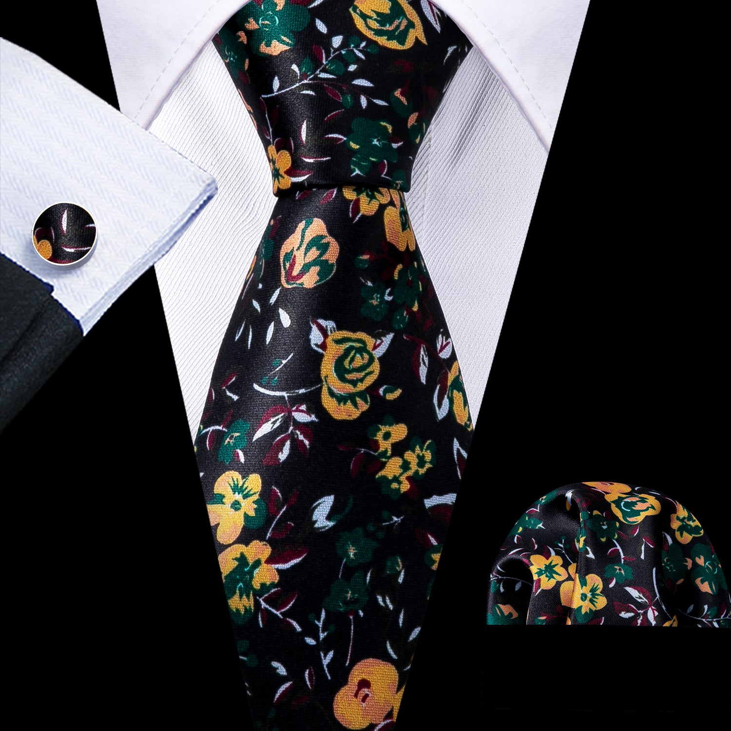 Black Yellow Floral Silk Tie Hanky Cufflinks Set