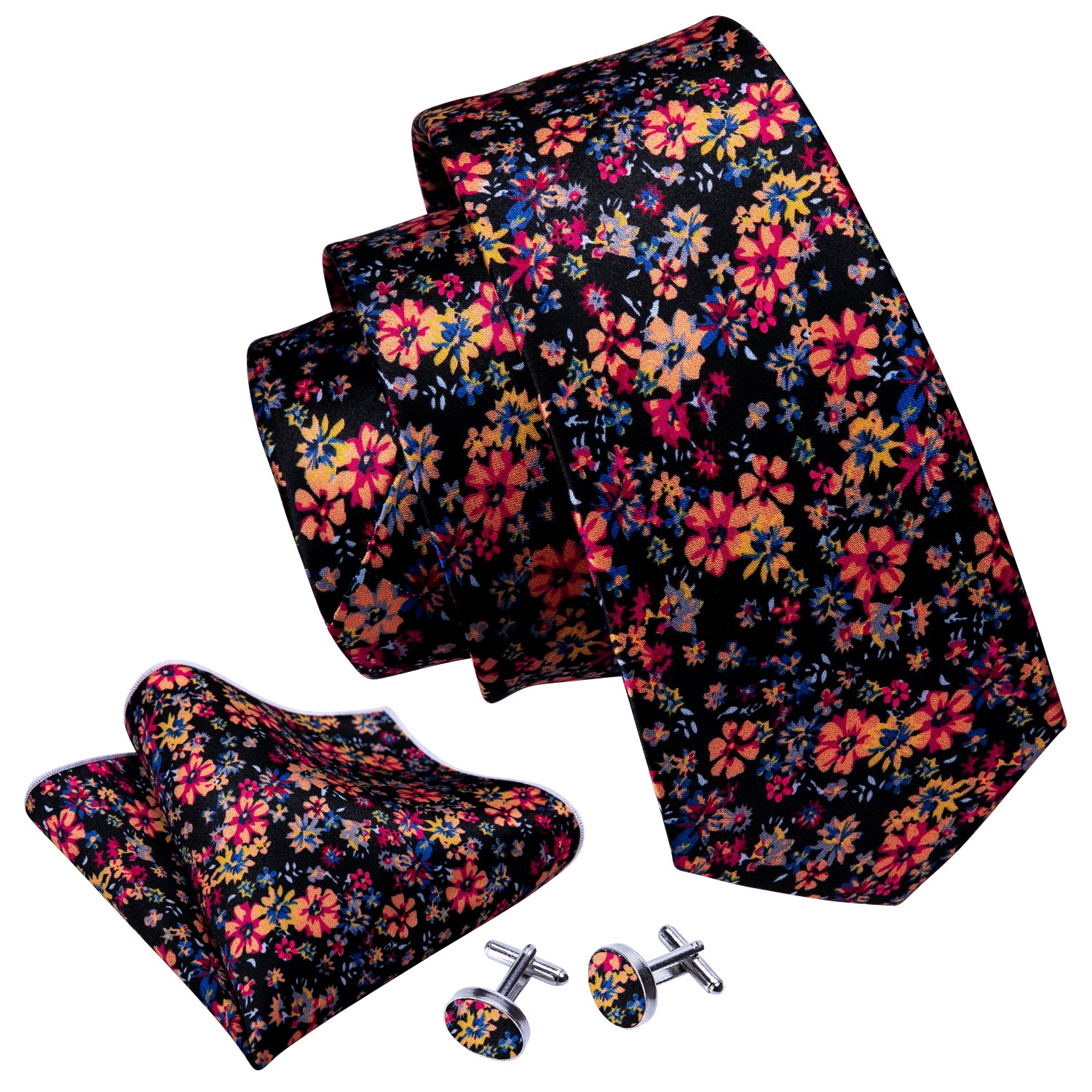 Black Necktie Colorful Floral Silk Tie Hanky Cufflinks Set