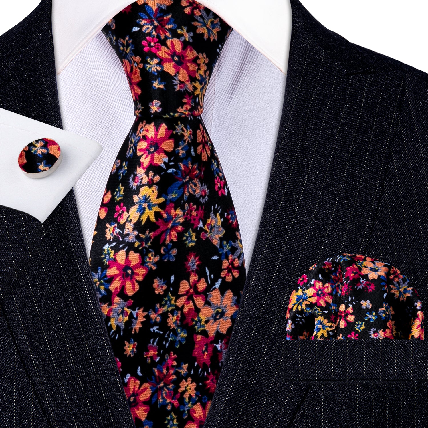 Novelty Colorful Flower Silk Tie Hanky Cufflinks Set