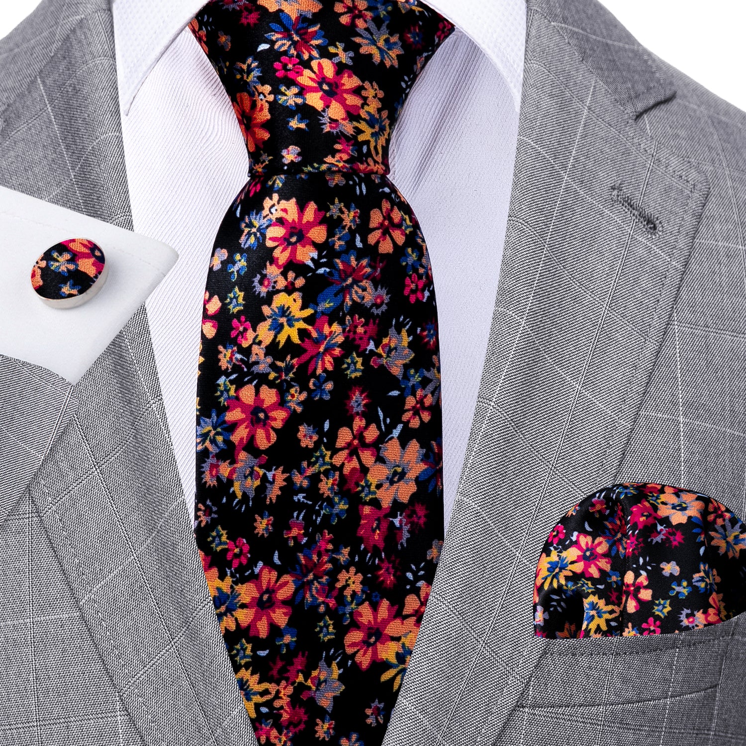 Black Necktie Colorful Floral Silk Tie Hanky Cufflinks Set