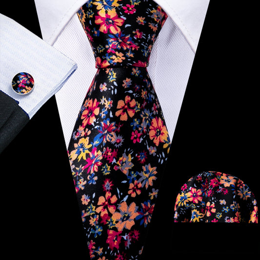 Black Necktie Colorful Floral Silk Tie Hanky Cufflinks Set