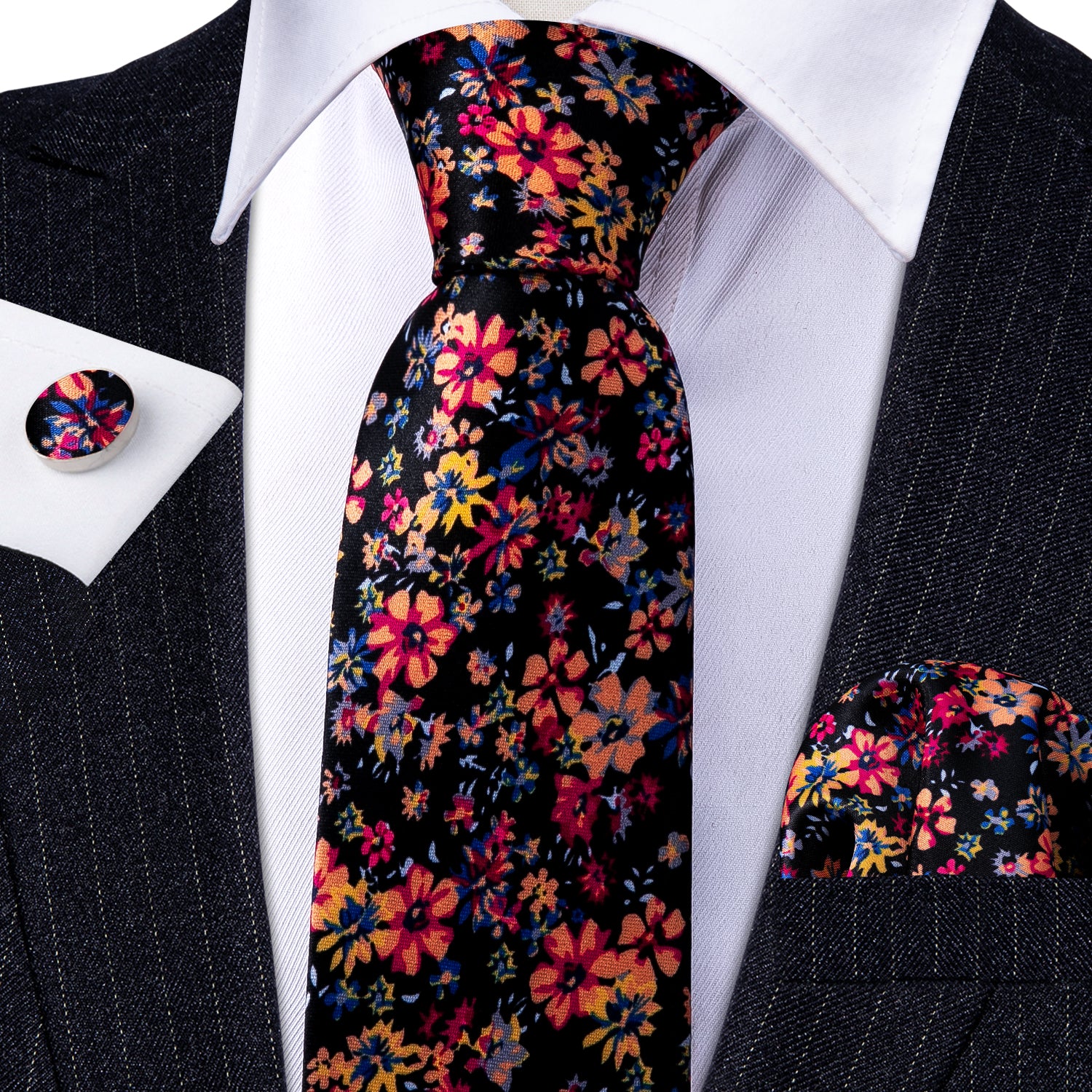 Novelty Colorful Flower Silk Tie Hanky Cufflinks Set