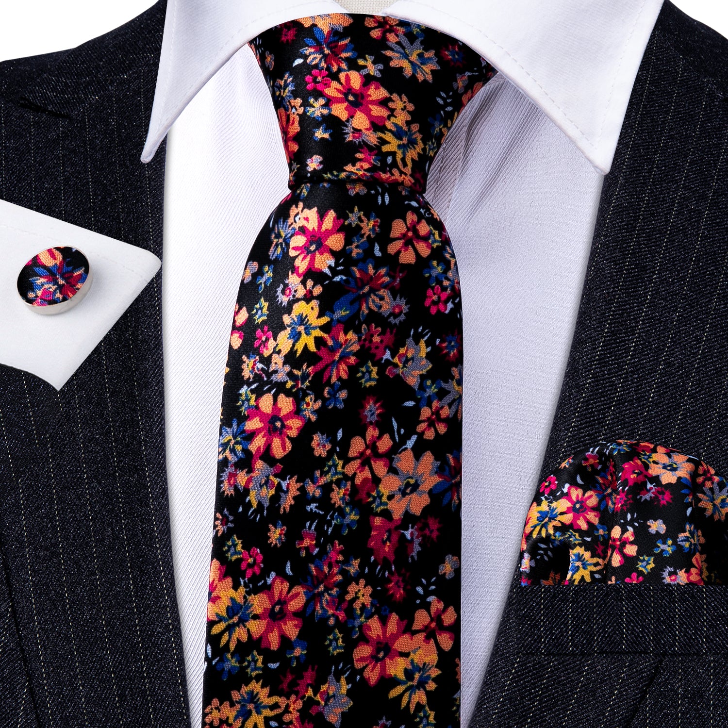 Black Necktie Colorful Floral Silk Tie Hanky Cufflinks Set