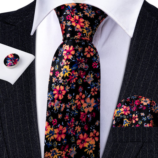 Black Necktie Colorful Floral Silk Tie Hanky Cufflinks Set