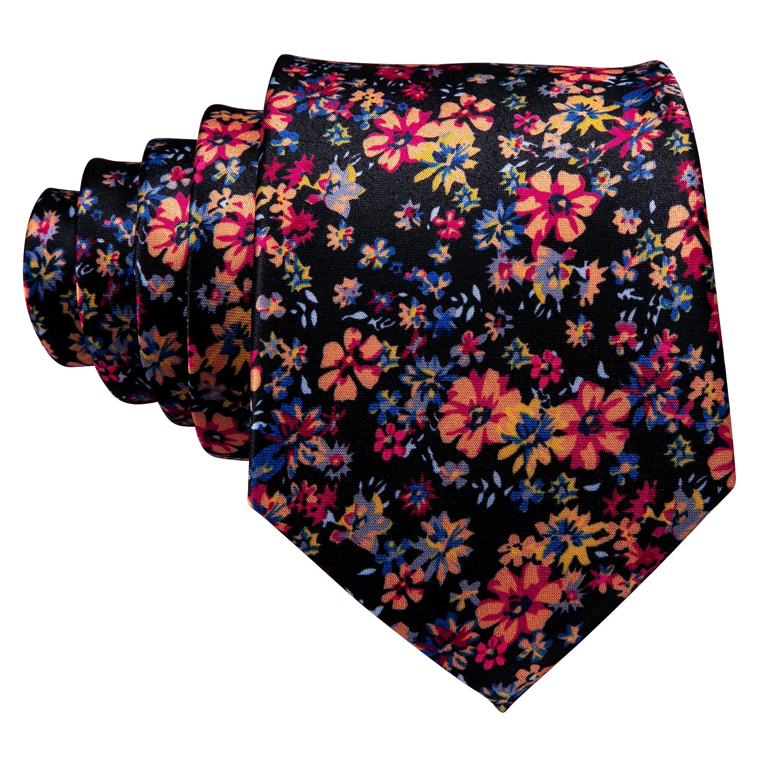 Black Necktie Colorful Floral Silk Tie Hanky Cufflinks Set