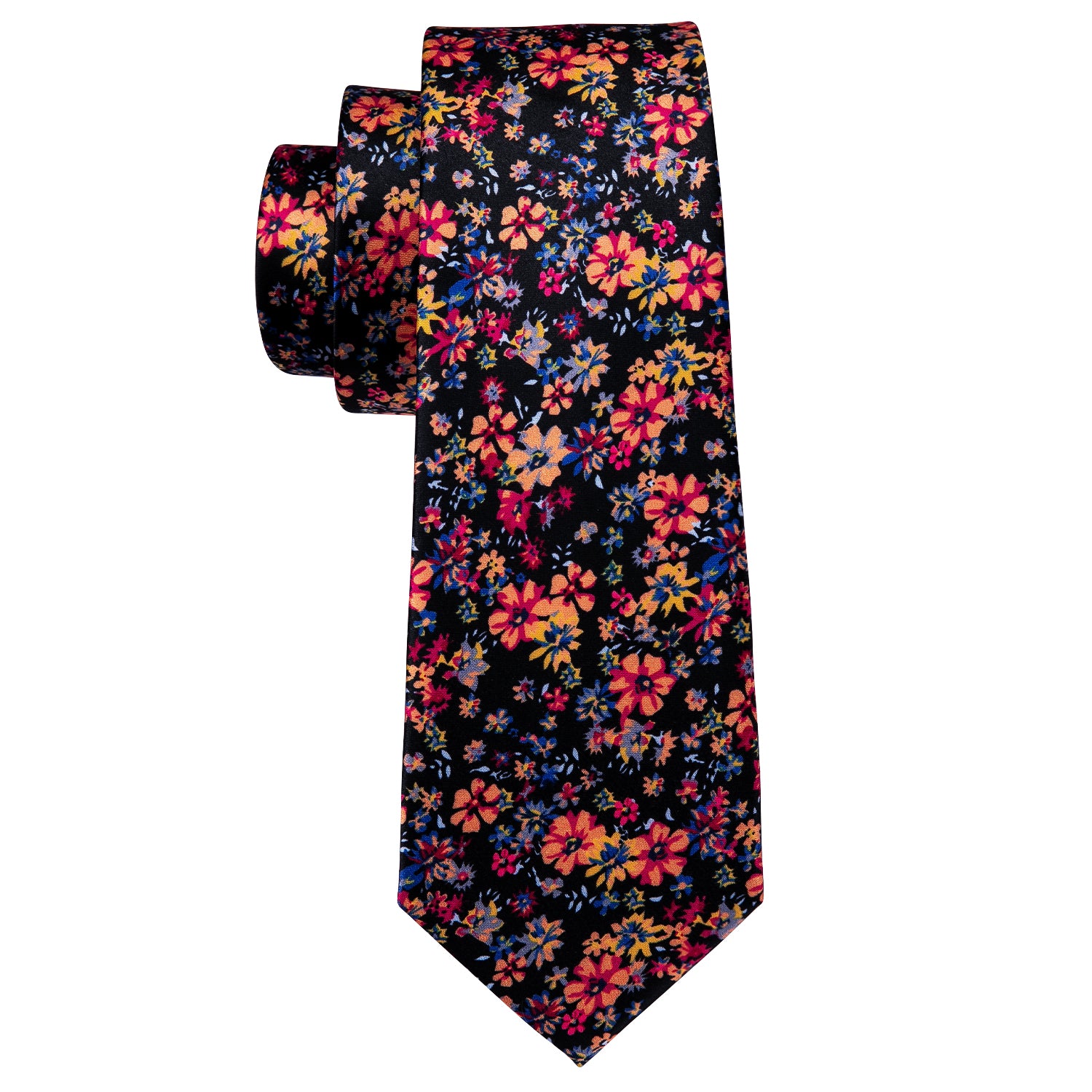 Black Necktie Colorful Floral Silk Tie Hanky Cufflinks Set
